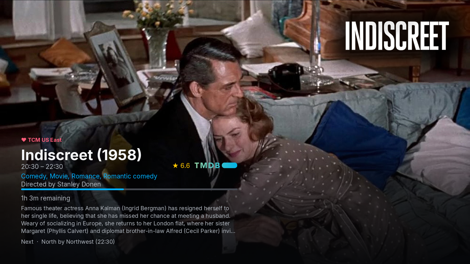 A cinematic Netflix-style backdrop hero overlay for a movie, with a TMDB title logo top-right, rating, director, synopsis, and what's on next