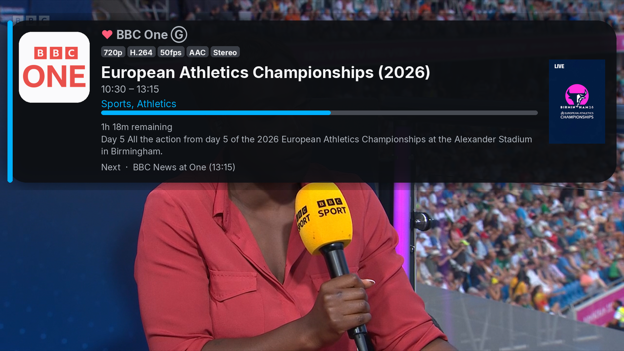The on-screen EPG banner showing the current programme, poster art, progress bar, and quality badges