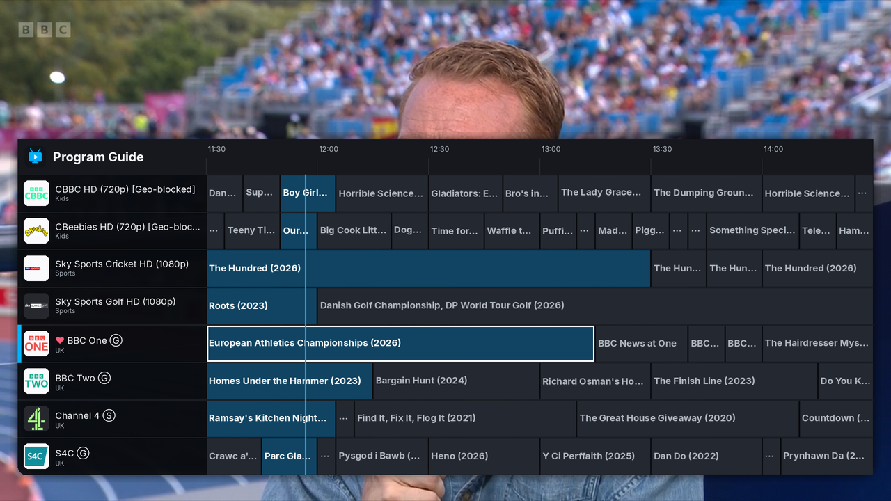 tvdinner's full program guide, showing channels down the left and a scrolling programme timeline